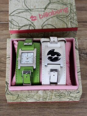 Billabong Green and White Leather Cuff Watch Set Vintage